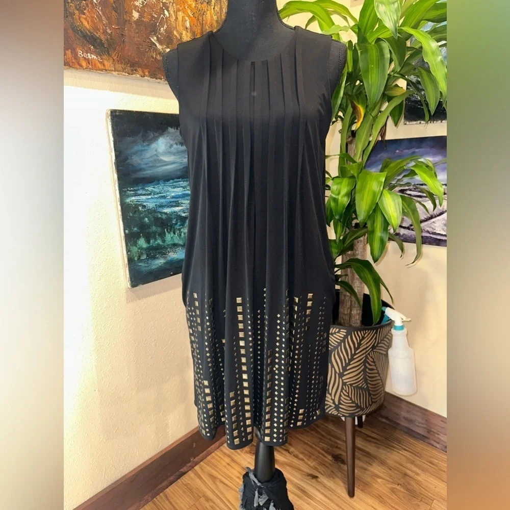 Calvin Klein Minimalist Glam Studded Pleated Shift Dress - Picture 3 of 11
